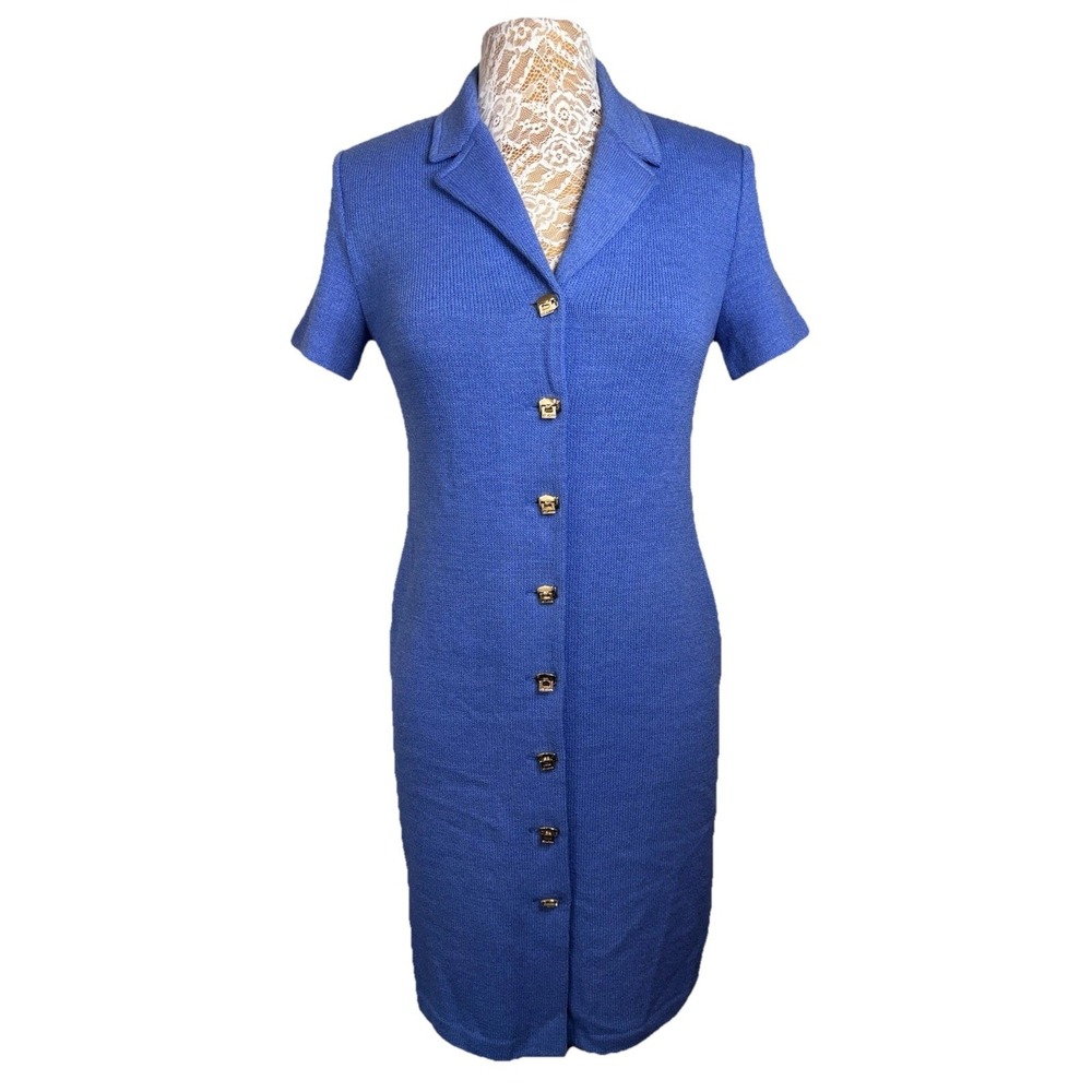 NWOT Vintage St. John Collection Blue Santana Knit Dress Size 2 Gold Logo Button